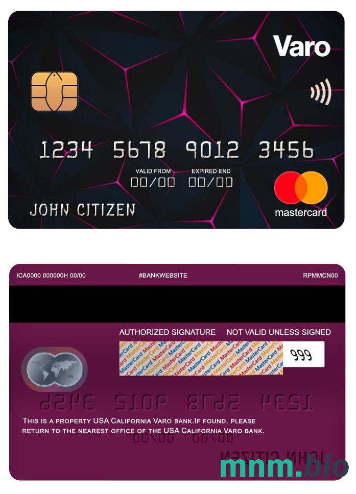 USA California Varo bank przykład karty mastercard w formacie PSD